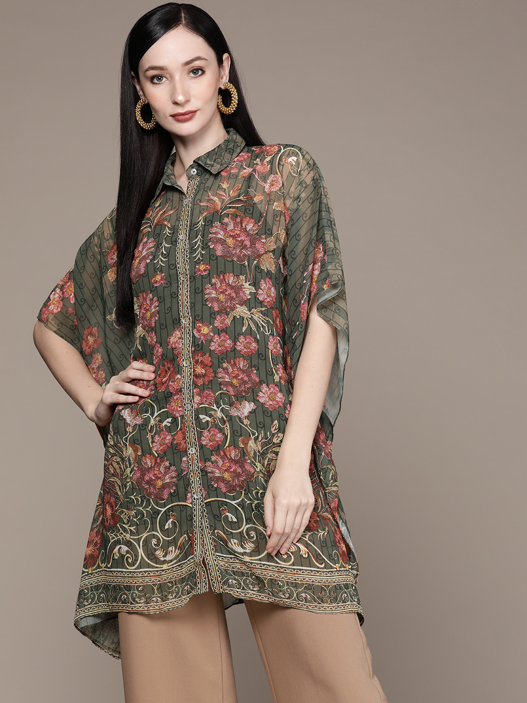 

aarke Ritu Kumar Woman Paisley Printed Shirt Collar Kaftan Kurti with Camisole, Green