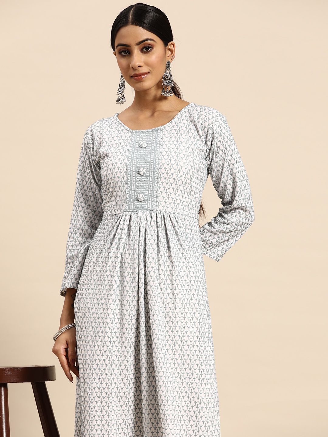 

all about you Women Blue & Turquoise Blue Ethnic Motifs Embroidered Thread Work Floral Kurta