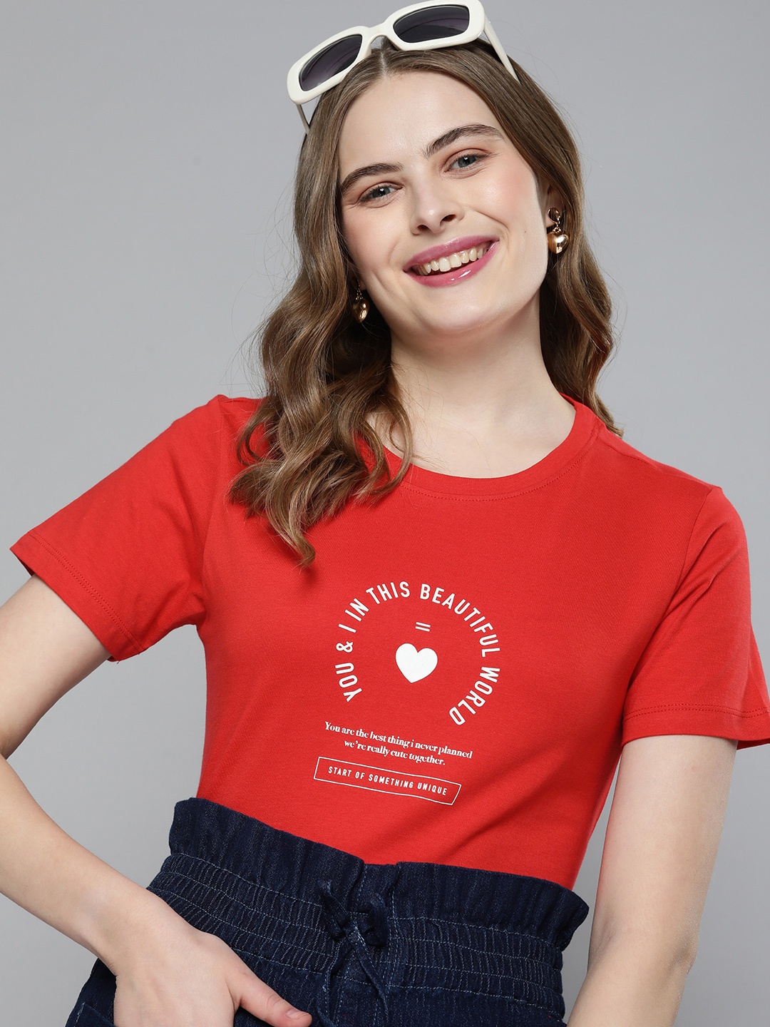 

Mast & Harbour Women Pure Cotton Typography Printed Applique T-shirt, Red
