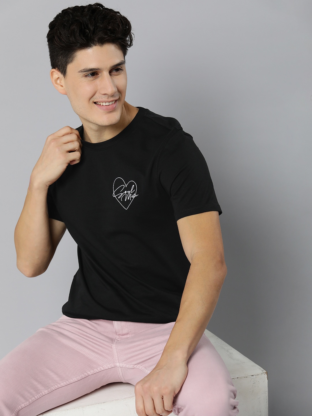

Mast & Harbour Men Pure Cotton Typography Embroidered T-shirt, Black