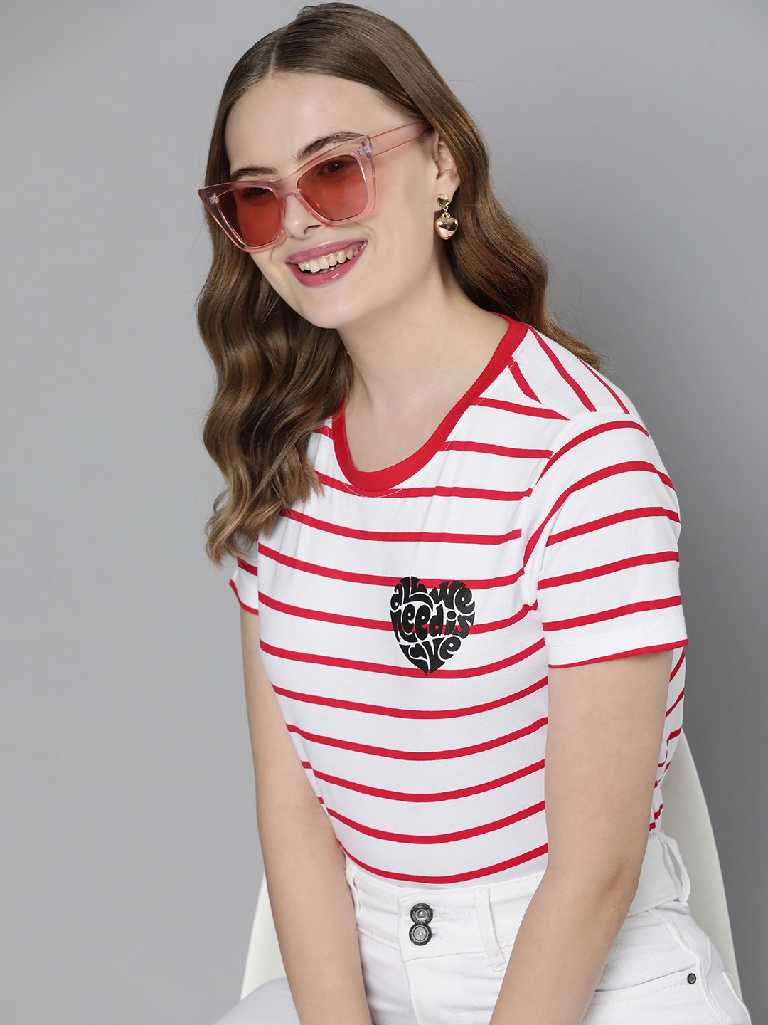 

Mast & Harbour Women Pure Cotton Striped Applique T-shirt, Red