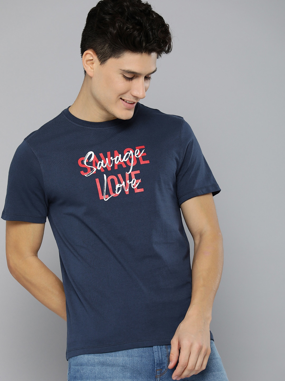 

Mast & Harbour Men Pure Cotton Typography Printed T-shirt, Navy blue