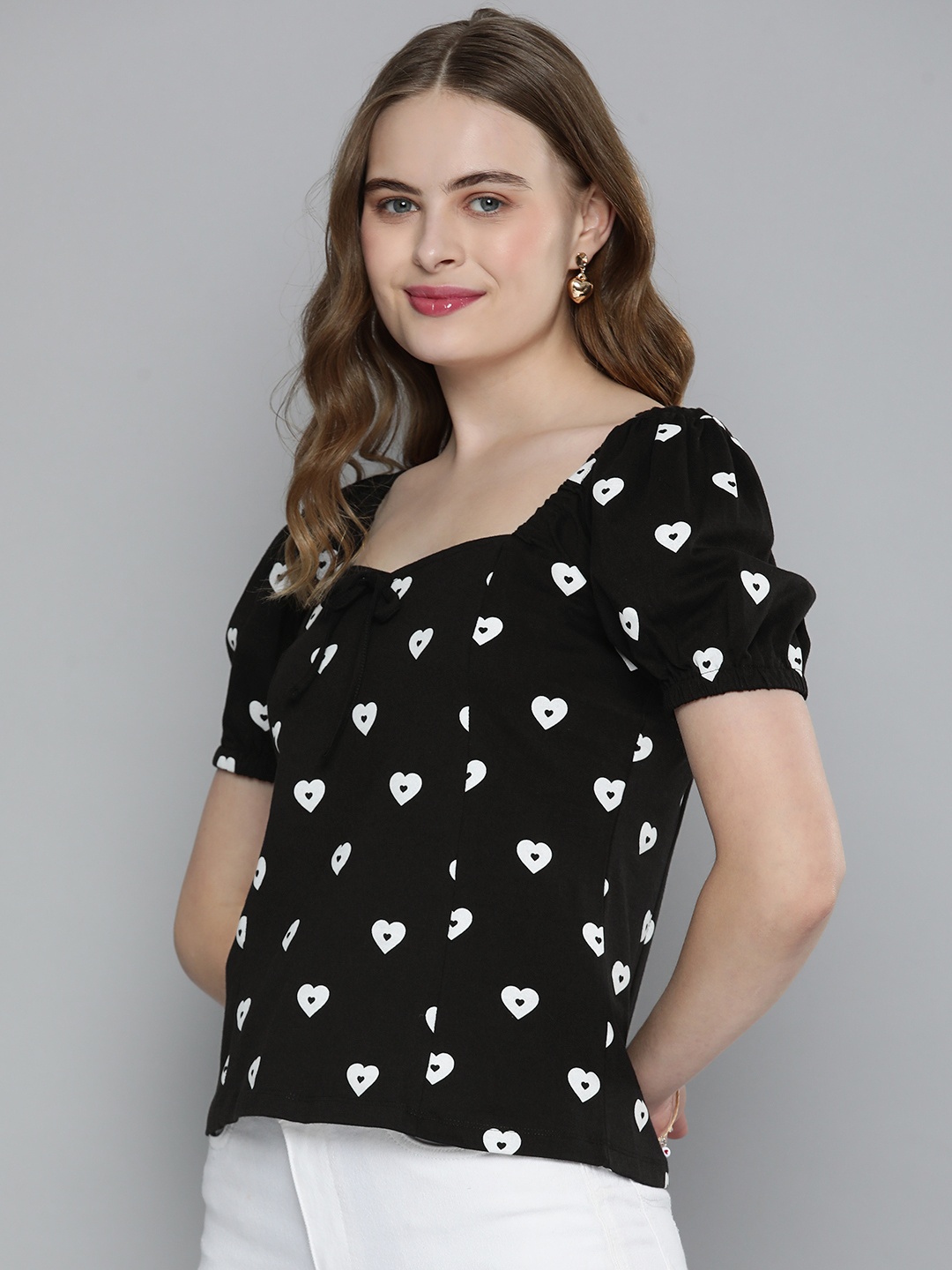 

Mast & Harbour Pure Cotton Geometric Print Sweetheart Neck Top, Black