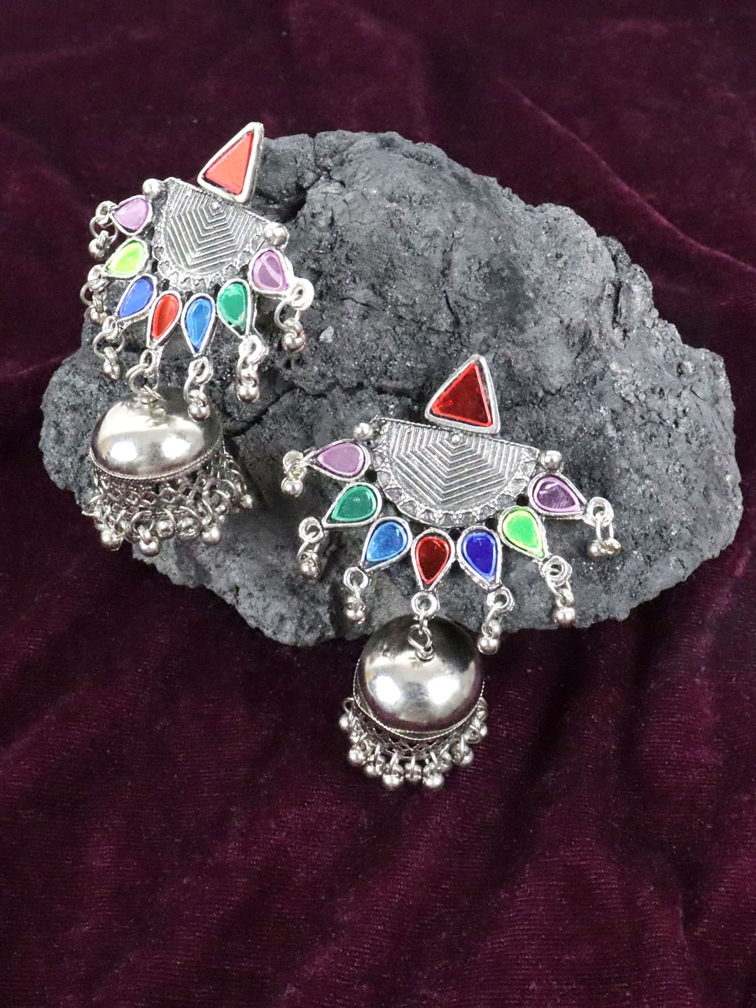 

Krelin Women Silver-Toned Dome Shaped Jhumkas Earrings