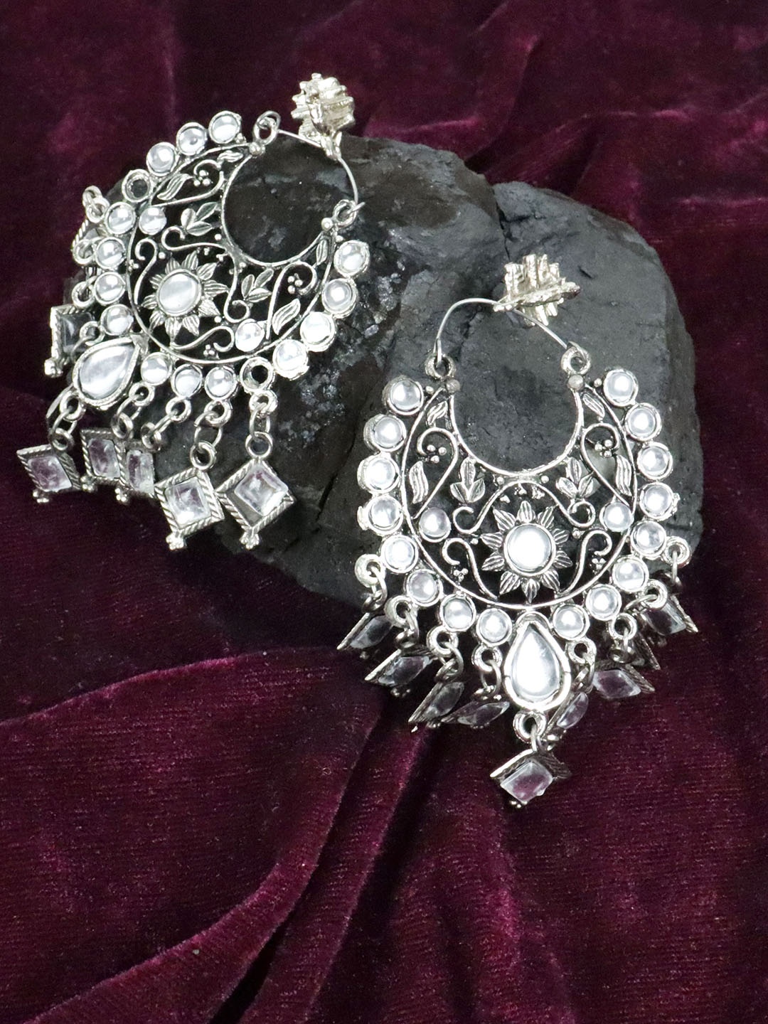 

Krelin Silver-Toned Oxidised German Silver Classic Chandbalis Earrings