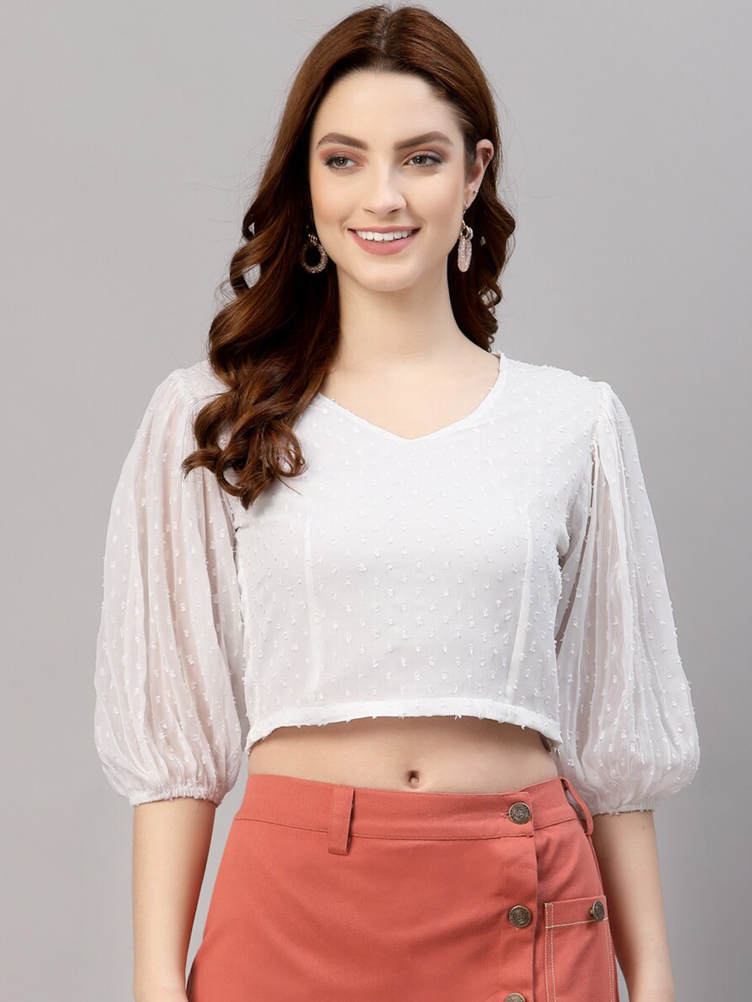 

NEUDIS White Chiffon Puff Sleeves Crop Top