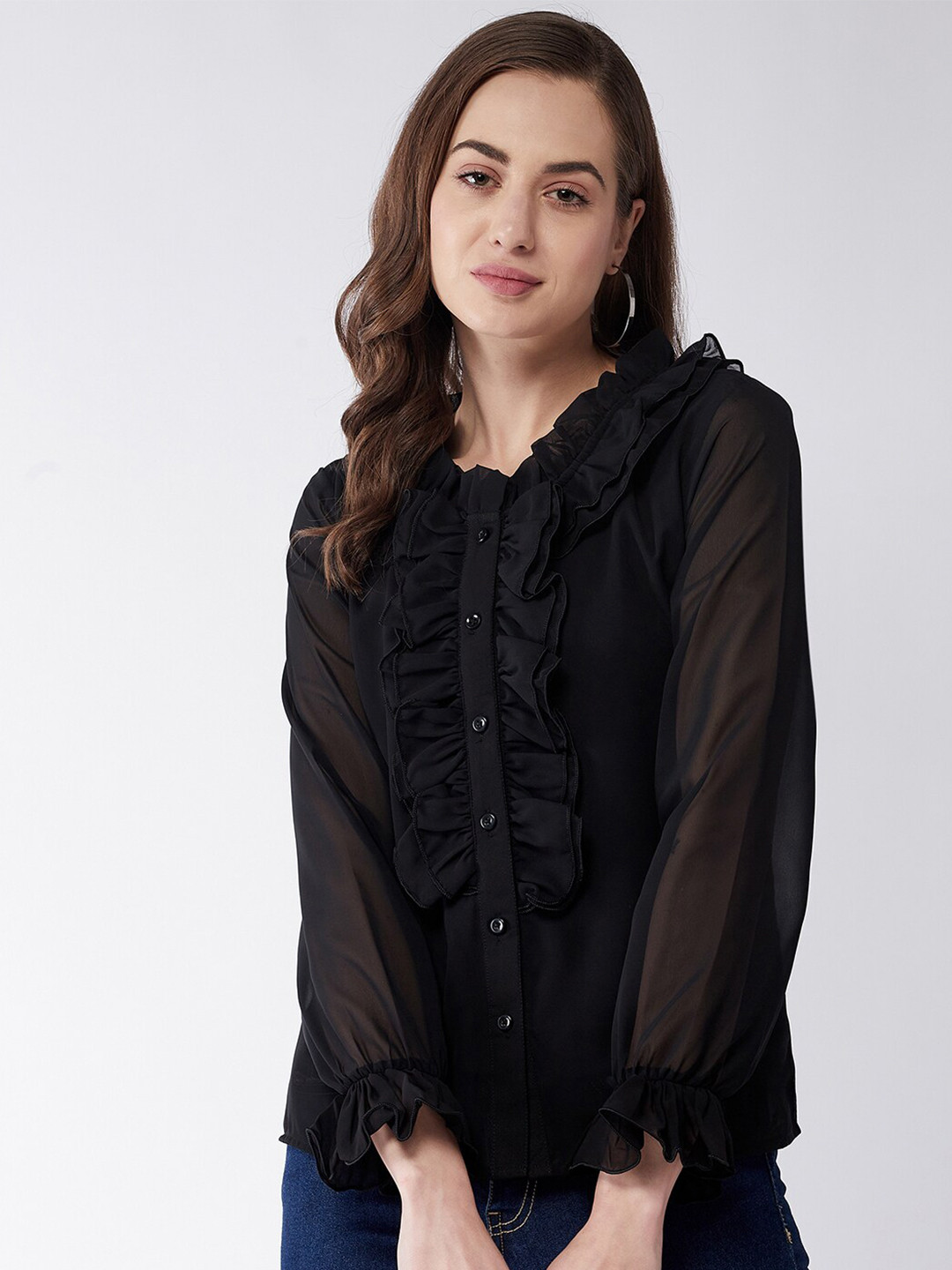 

Purple Feather Black Mandarin Collar Ruffles Georgette Shirt Style Top