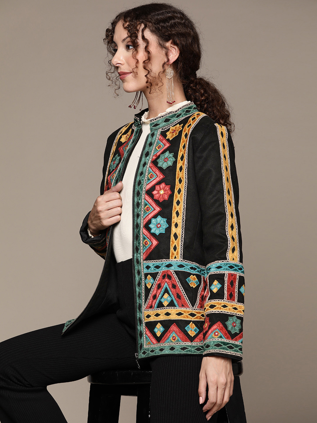 

Ritu Kumar Women Black Geometric Open Front Jacket