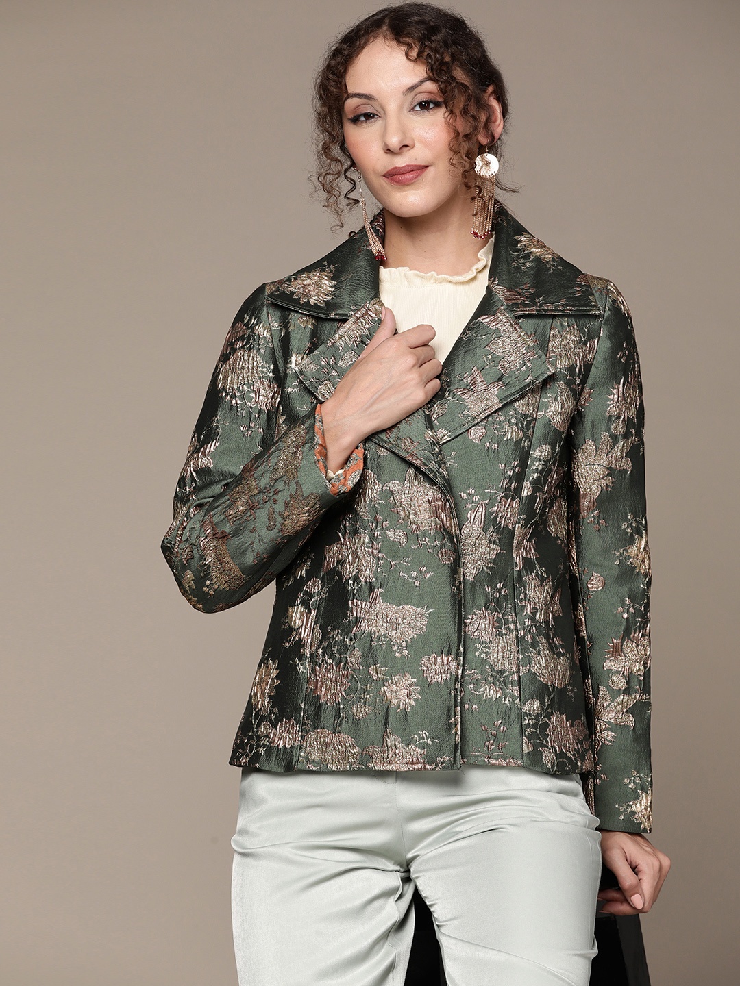 

Ritu Kumar Women Green Floral Open Front Jacket