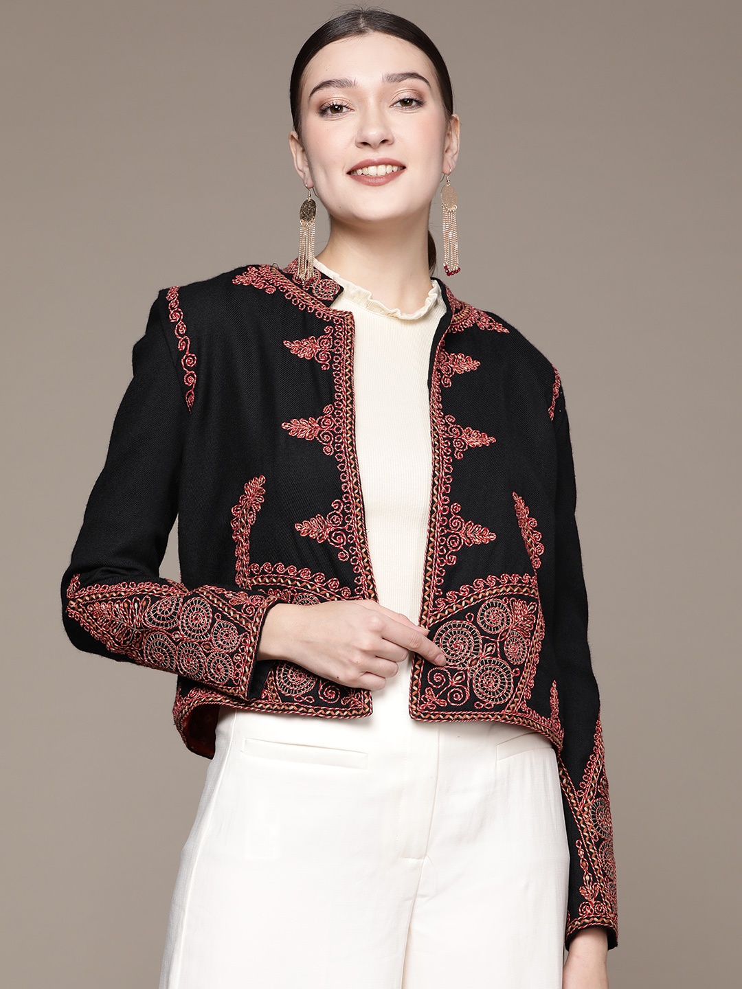 

Ritu Kumar Women Black Embroidered Open Front Jacket