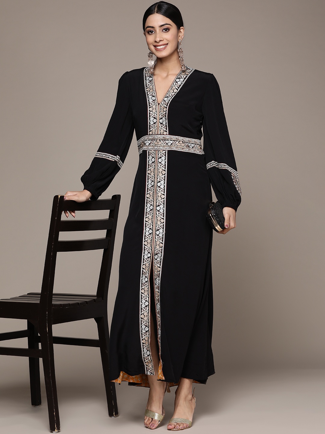 

Ritu Kumar Woman Ethnic Motifs Embroidered Crepe Ethnic Maxi Dress, Black