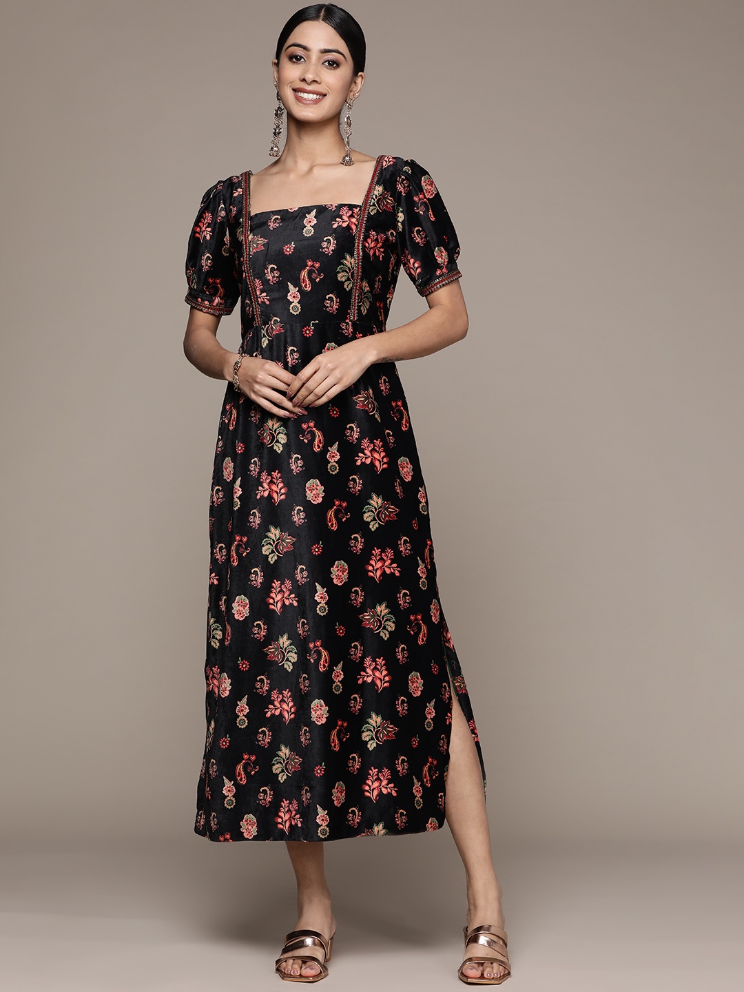 

Ritu Kumar Woman Floral Velvet A-Line Midi Dress, Black