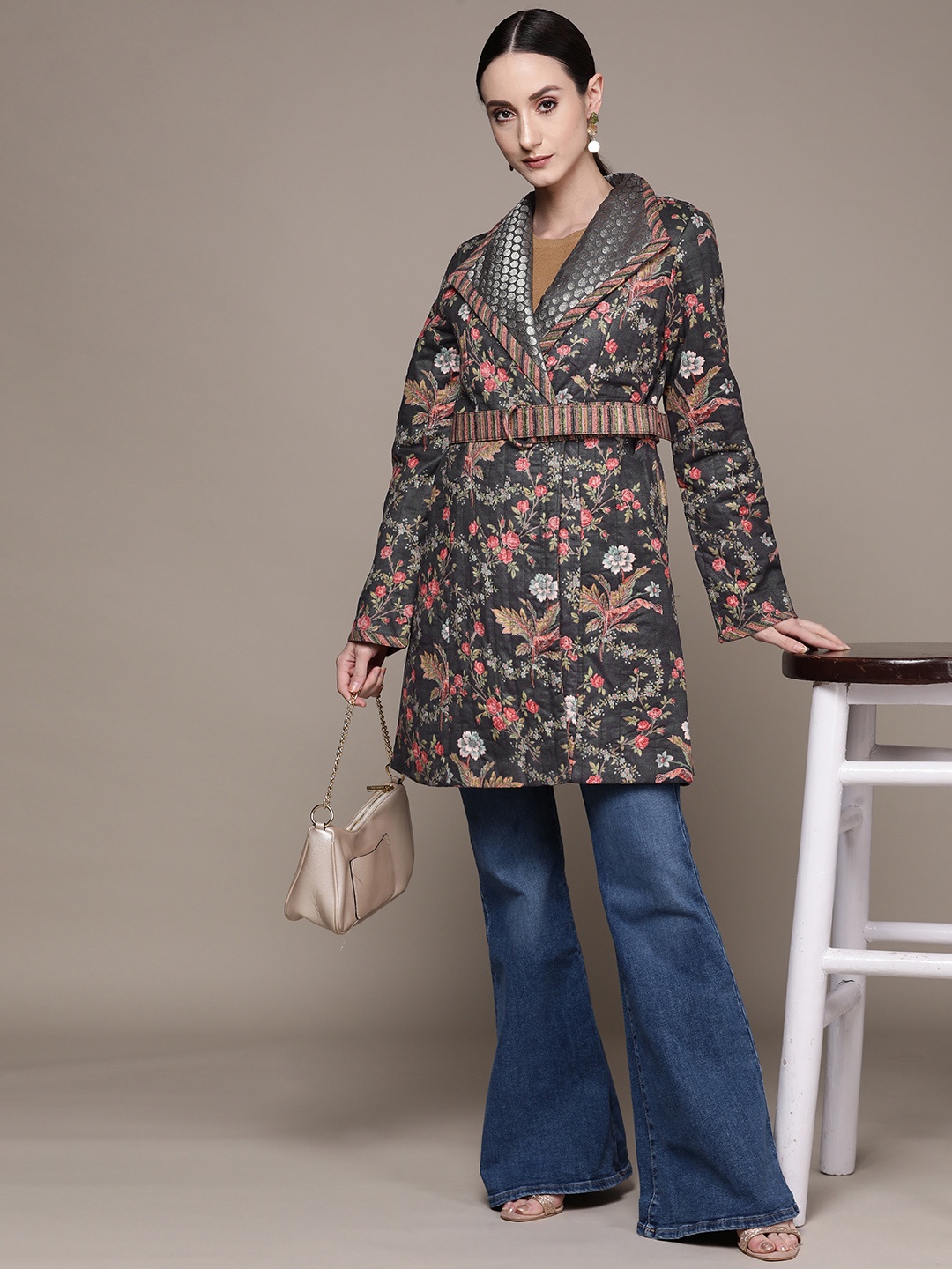 

Ritu Kumar Women Floral Print Overcoat With Belt, Charcoal