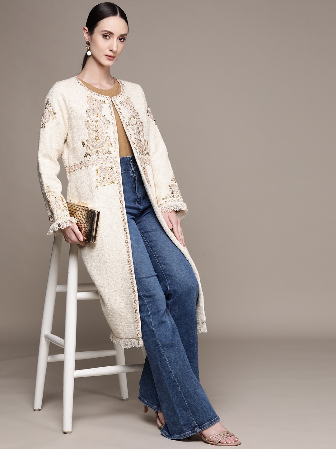 

Ritu Kumar Women Floral Embroidered Longline Tailored Jacket, Off white