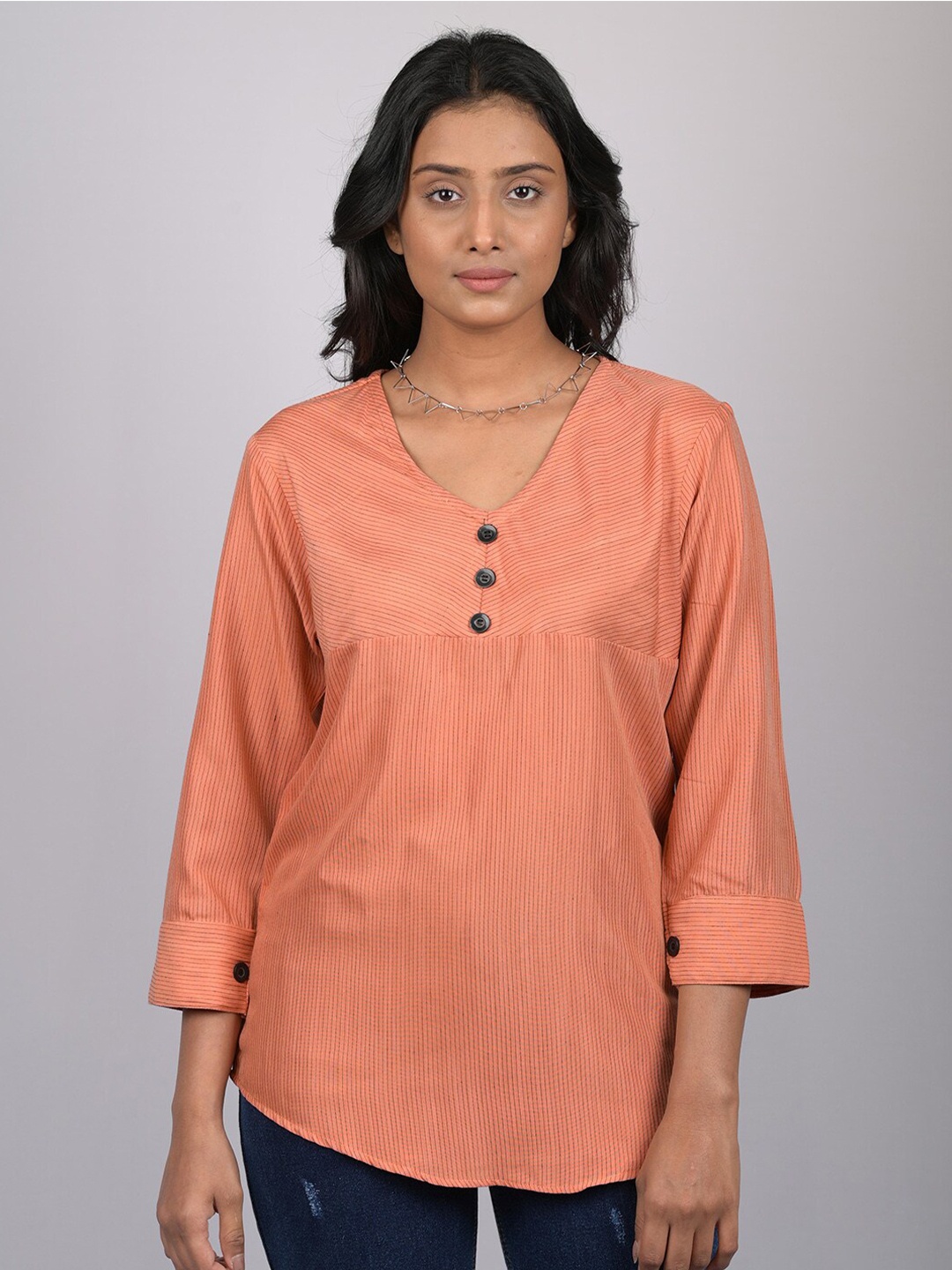 

OWO THE LABEL Striped V-Neck Top, Peach