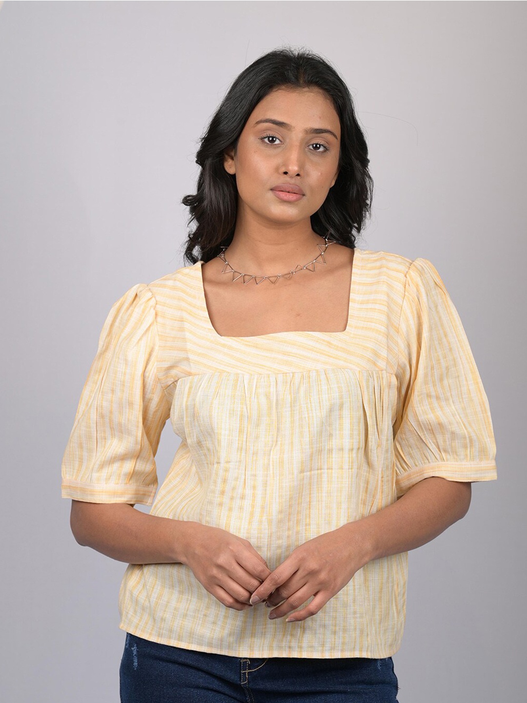 

OWO THE LABEL Striped Square Neck Puff Sleeves Top, Yellow