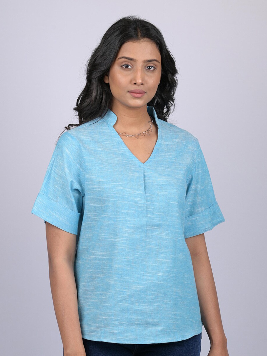 

OWO THE LABEL Women Blue Slub Effect Top