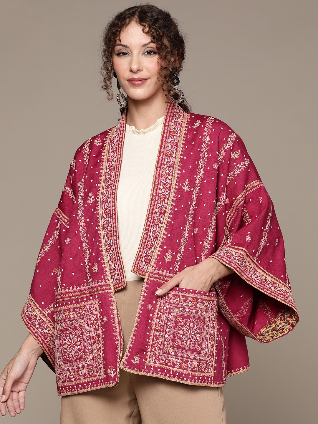 

Ritu Kumar Women Maroon & Gold-Toned Ethnic Embroidered Shrug