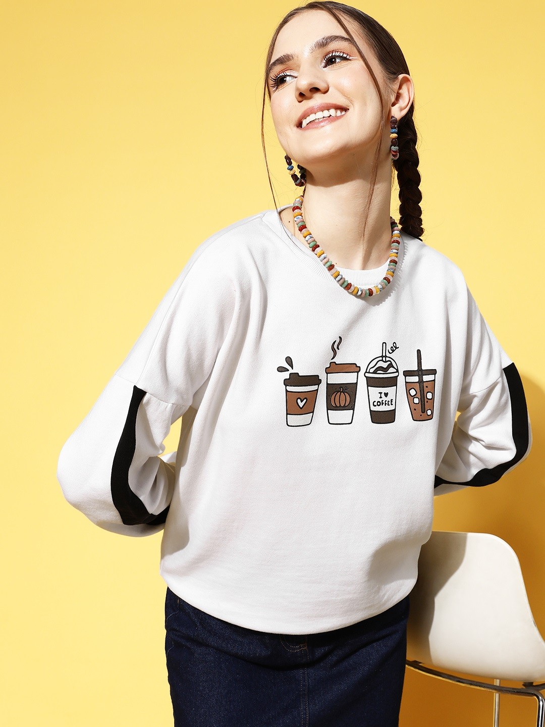 

Berrylush Women White Printed Sweatshirt