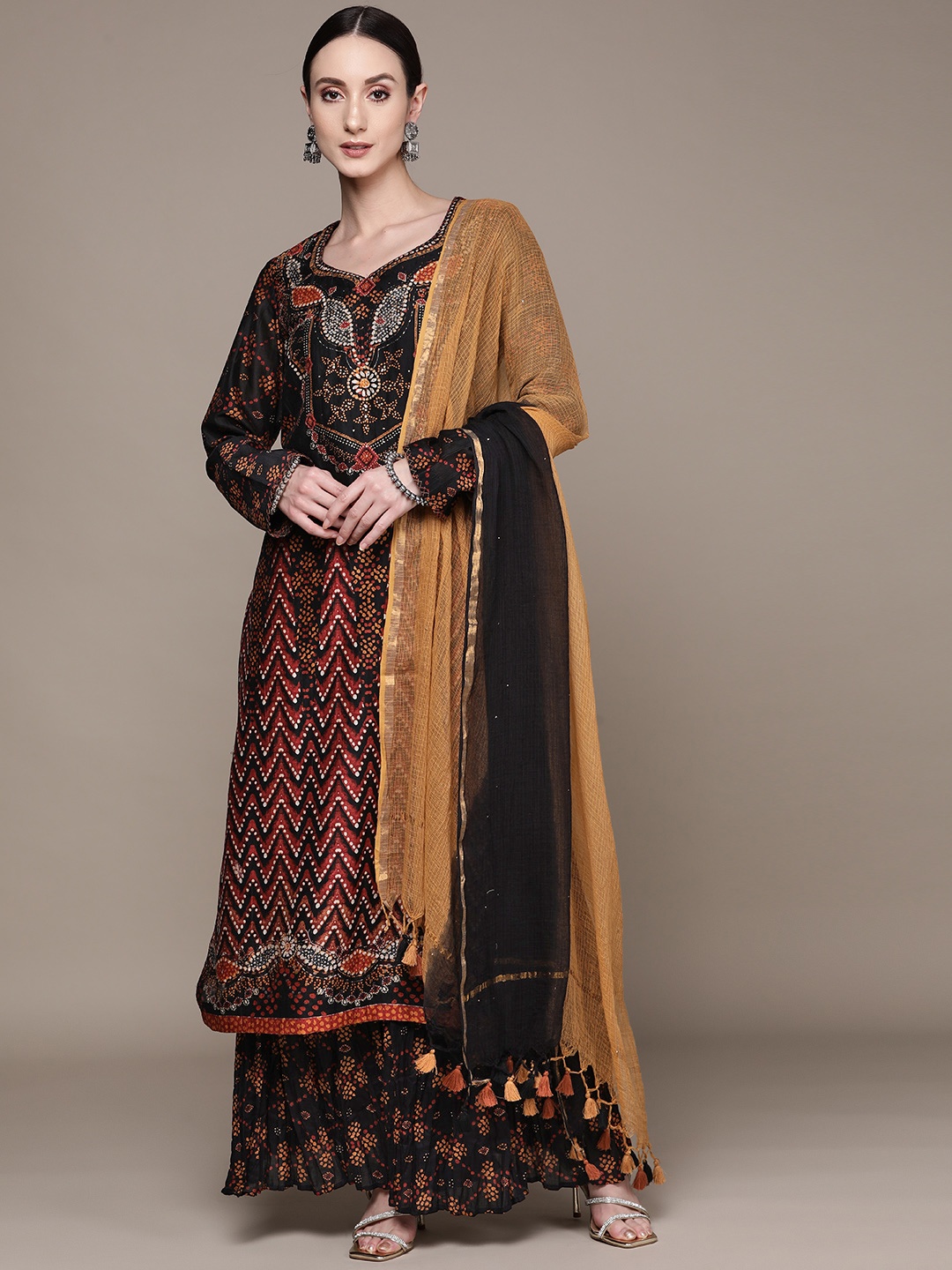 

Ritu Kumar Women Black Floral Printed Chanderi Cotton Kurta with Sharara & With Dupatta