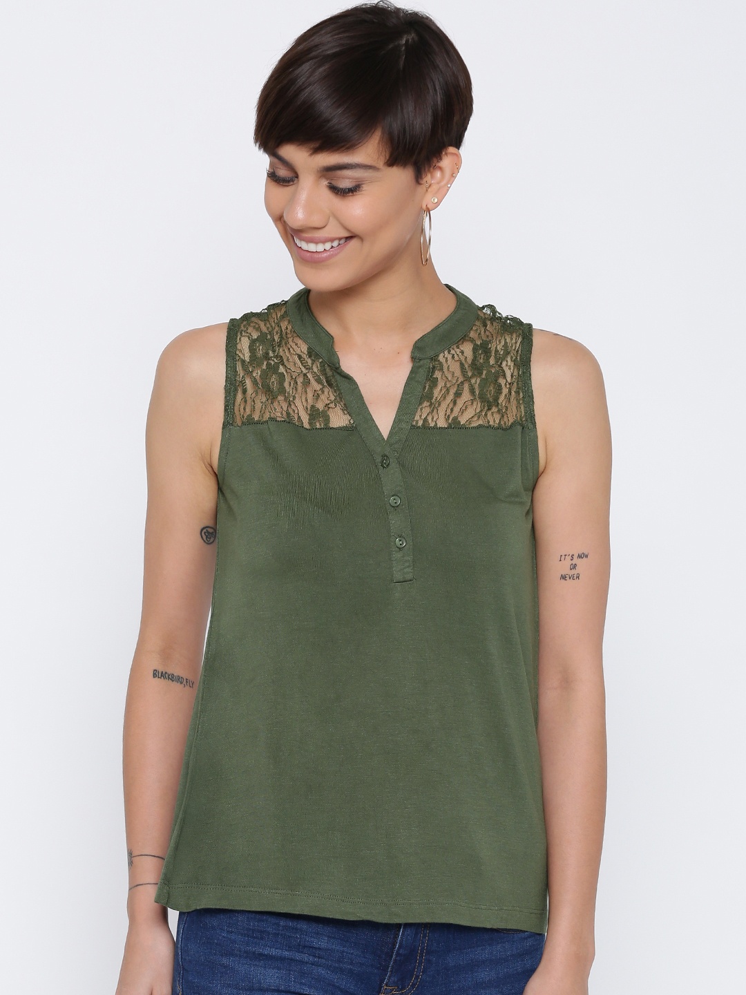 

DressBerry Women Olive Green Lace Detail Shirt Style Top