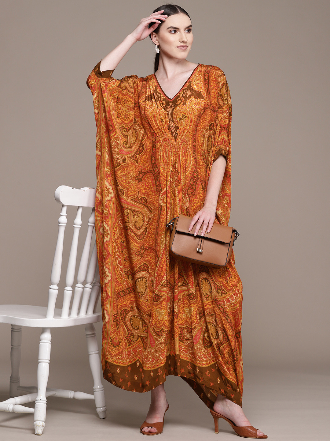 

Ritu Kumar Orange & Brown Crepe Ethnic Motifs Print Batwing Sleeve Kaftan Maxi Dress