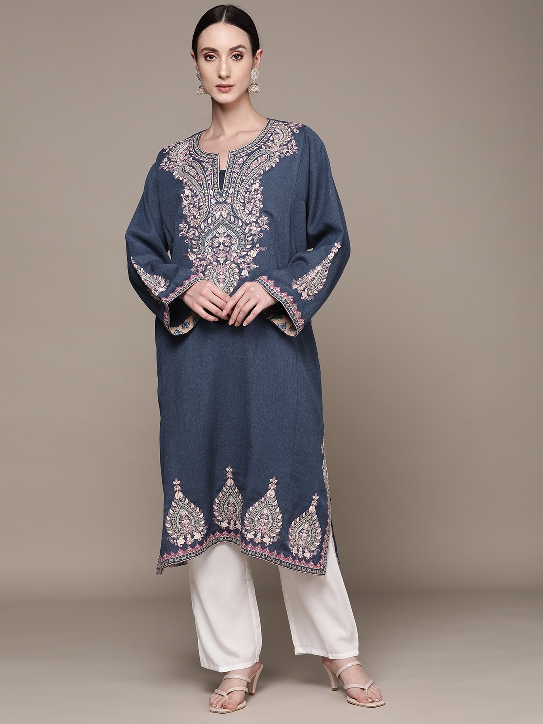 

Ritu Kumar Women Floral Embroidered Flared Sleeves Mirror Work Woollen Kurta With Slip, Blue
