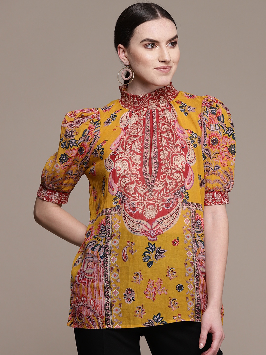 

Ritu Kumar Mustard Yellow & Pink Ethnic Motifs Printed Kurti