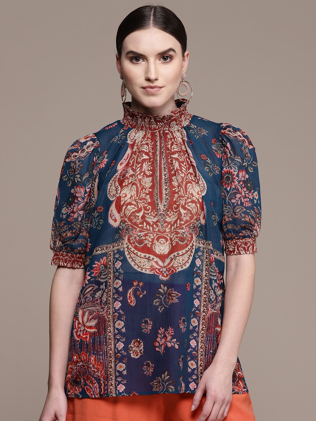 

Ritu Kumar Navy Blue & Red Ethnic Motifs Printed Kurti