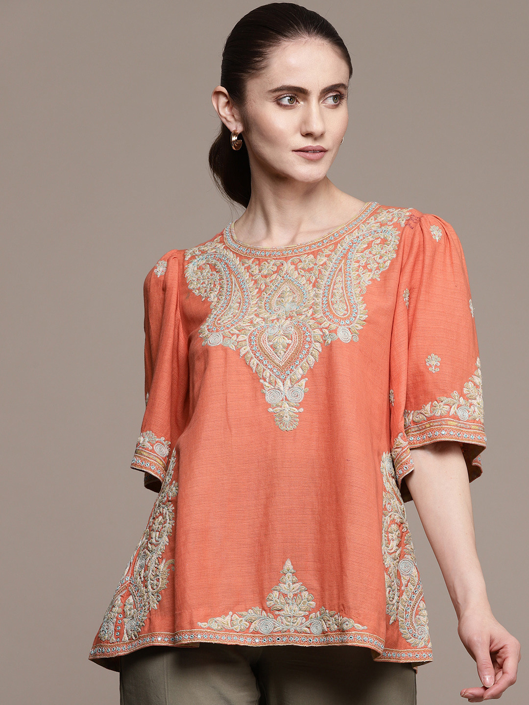 

Ritu Kumar Peach-Coloured Ethnic Motifs Embroidered Flared Sleeves Kurti