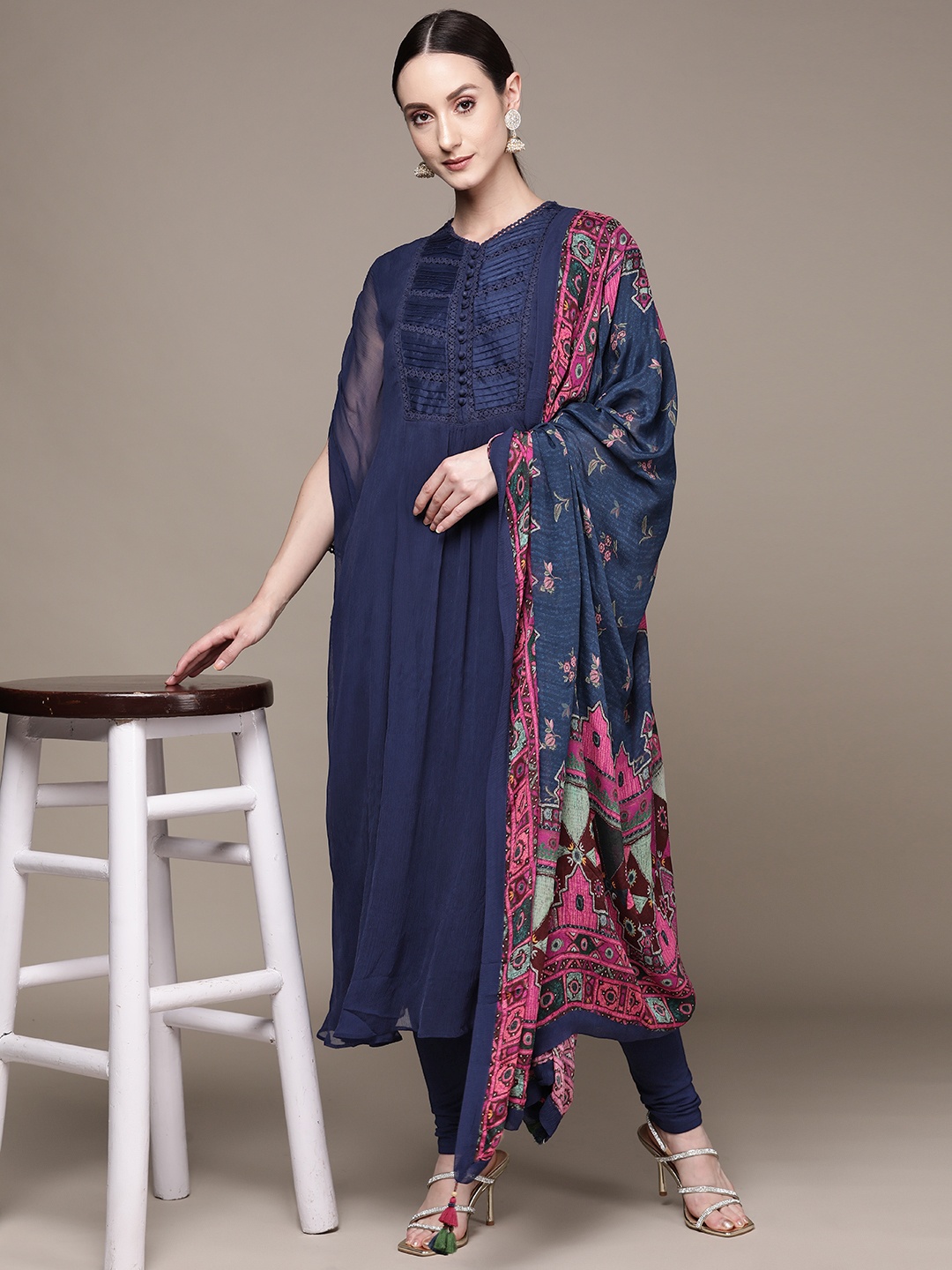 

Ritu Kumar Women Blue Pleated Kurta With Dupatta