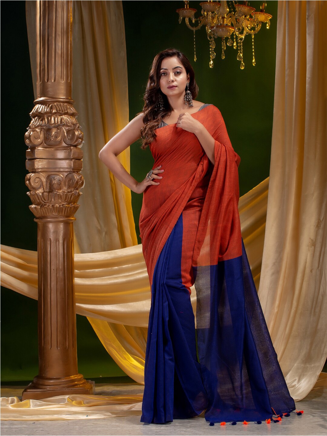 

Mitera Blue & Orange Colourblocked Pure Cotton Saree