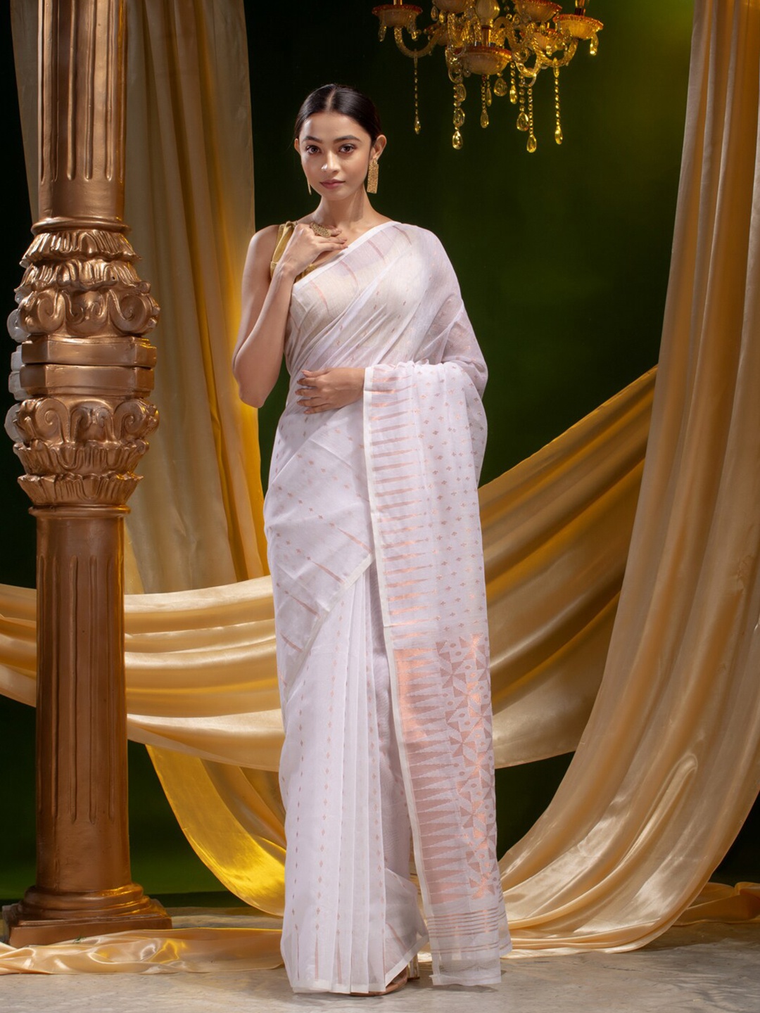 

Mitera White & Gold-Toned Woven Design Zari Silk Cotton Saree