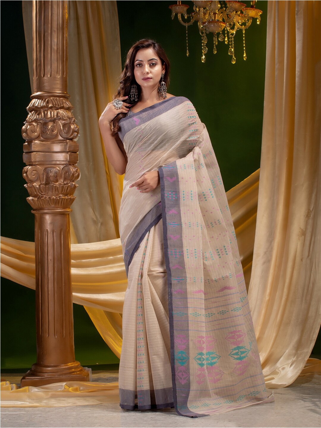 

Mitera Women Beige & Blue Printed Pure Cotton Saree