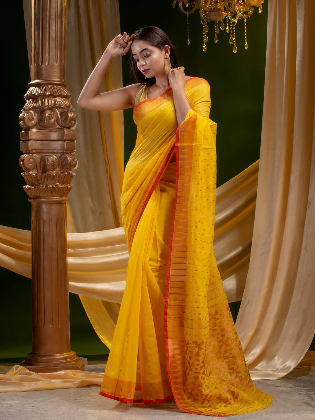 

Mitera Yellow & Copper-Toned Woven Design Zari Silk Cotton Saree