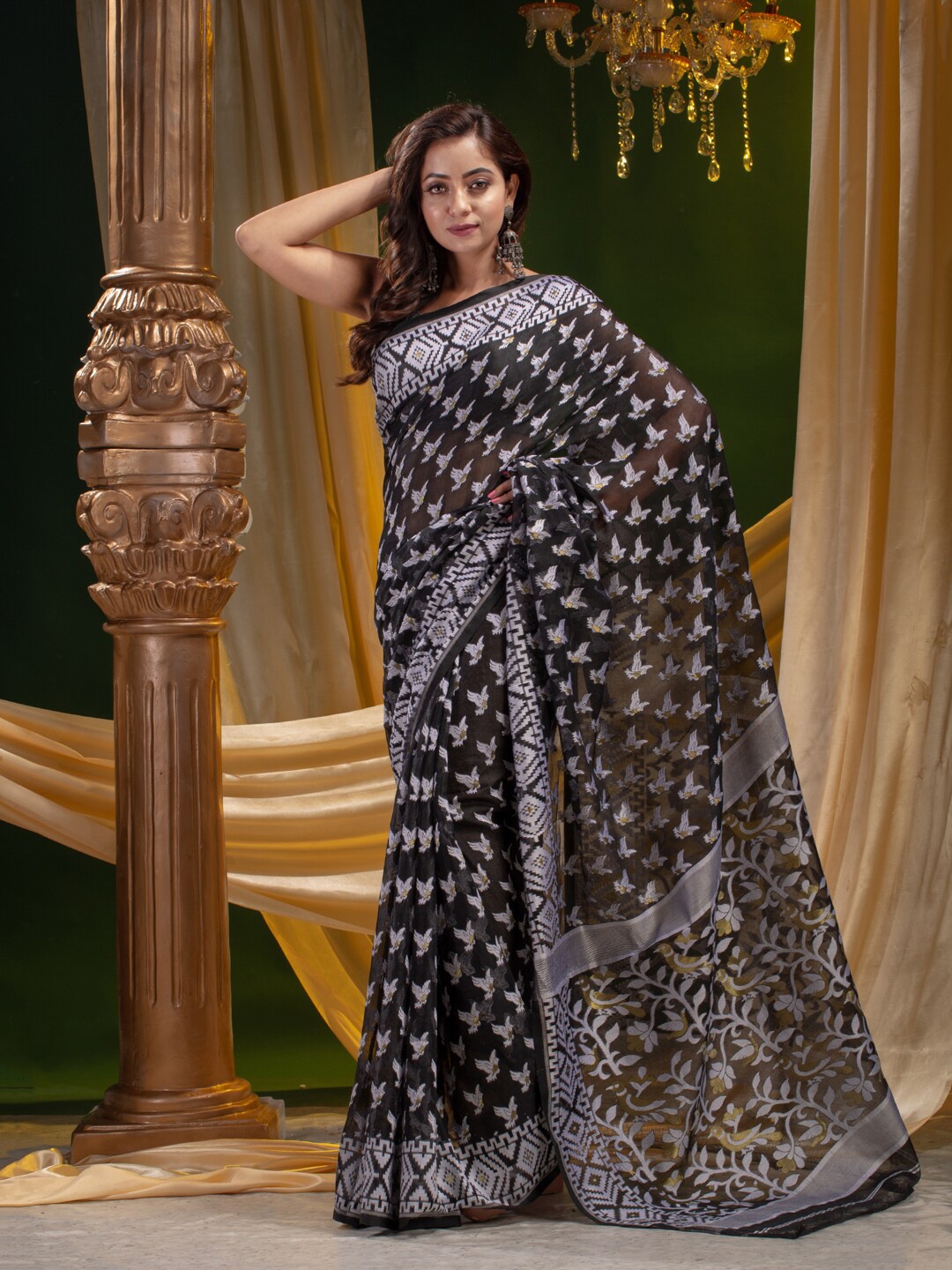 

Mitera Black & White Floral Silk Cotton Saree