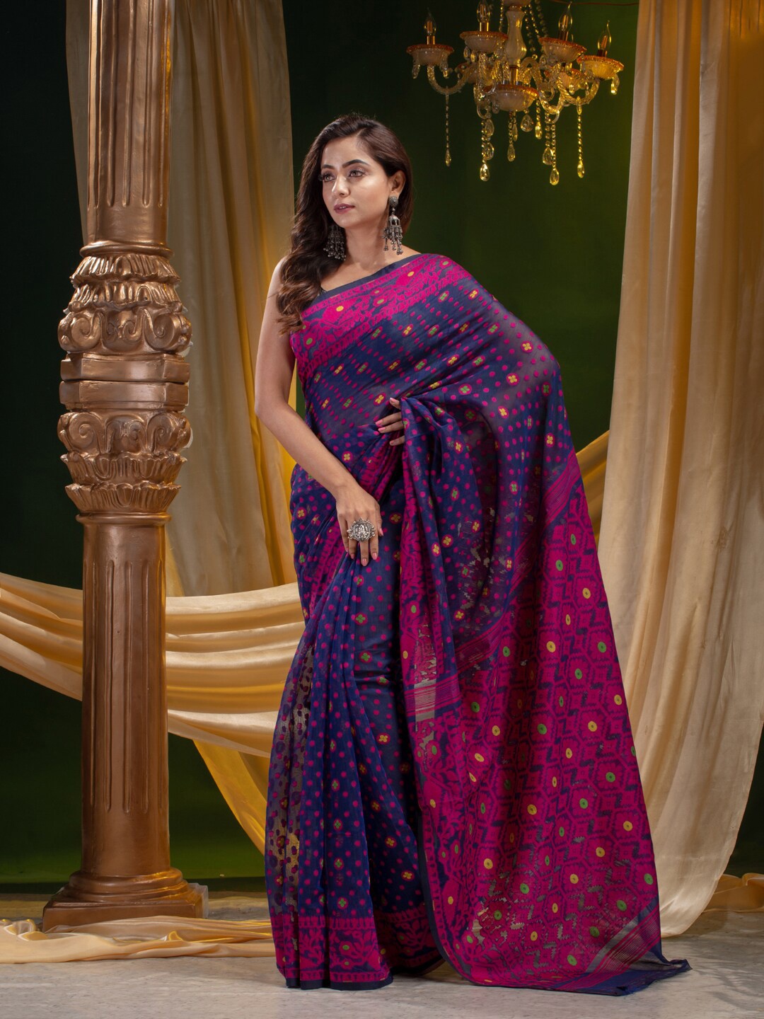 

Mitera Navy Blue & Pink Woven Design Silk Cotton Heavy Work Saree