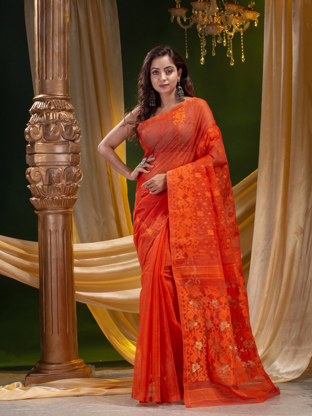 

Mitera Women Orange Woven Design Silk Cotton Saree