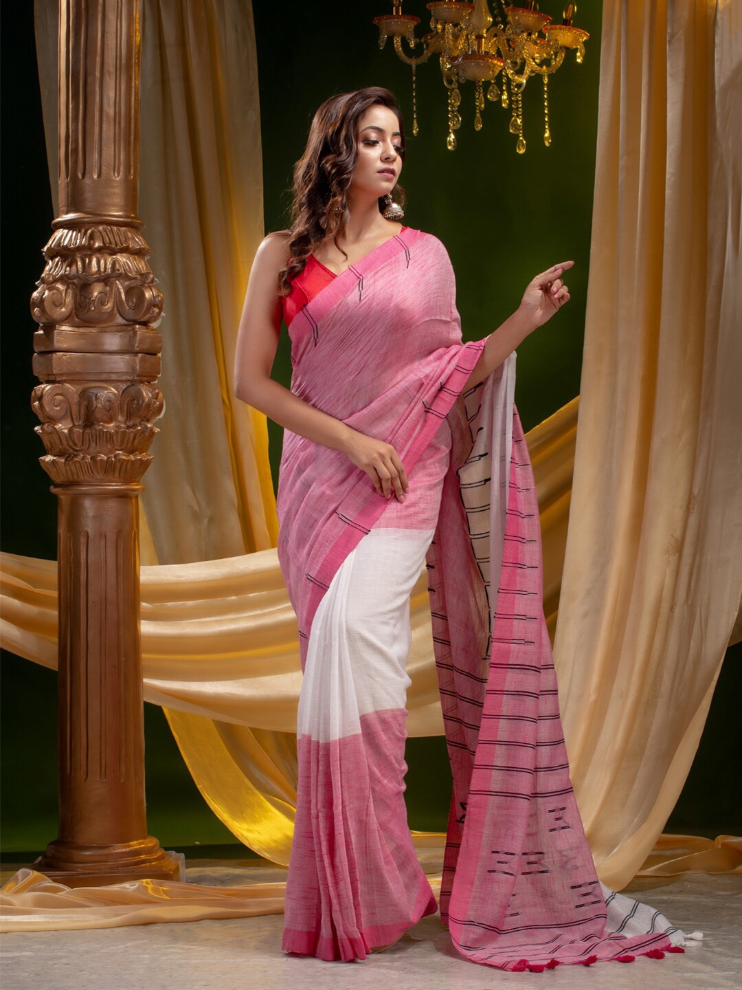 

Mitera Pink & White Striped Pure Cotton Saree
