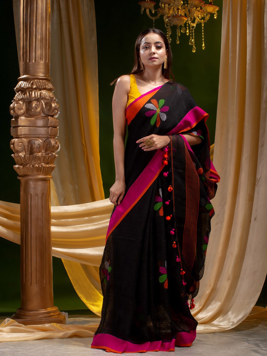 

Mitera Black & Pink Floral Woven Design Pure Linen Saree