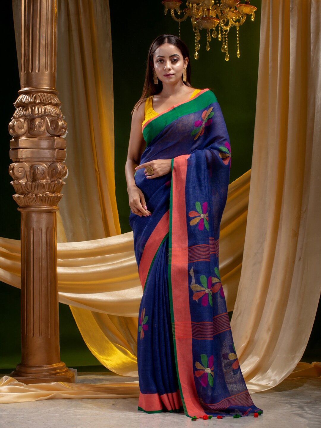 

Mitera Blue & Red Woven Design Pure Linen Saree