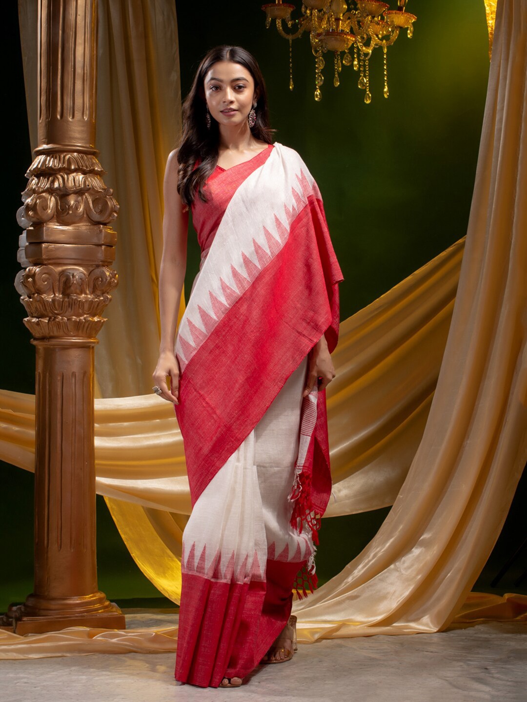 

Mitera White & Red Pure Linen Saree