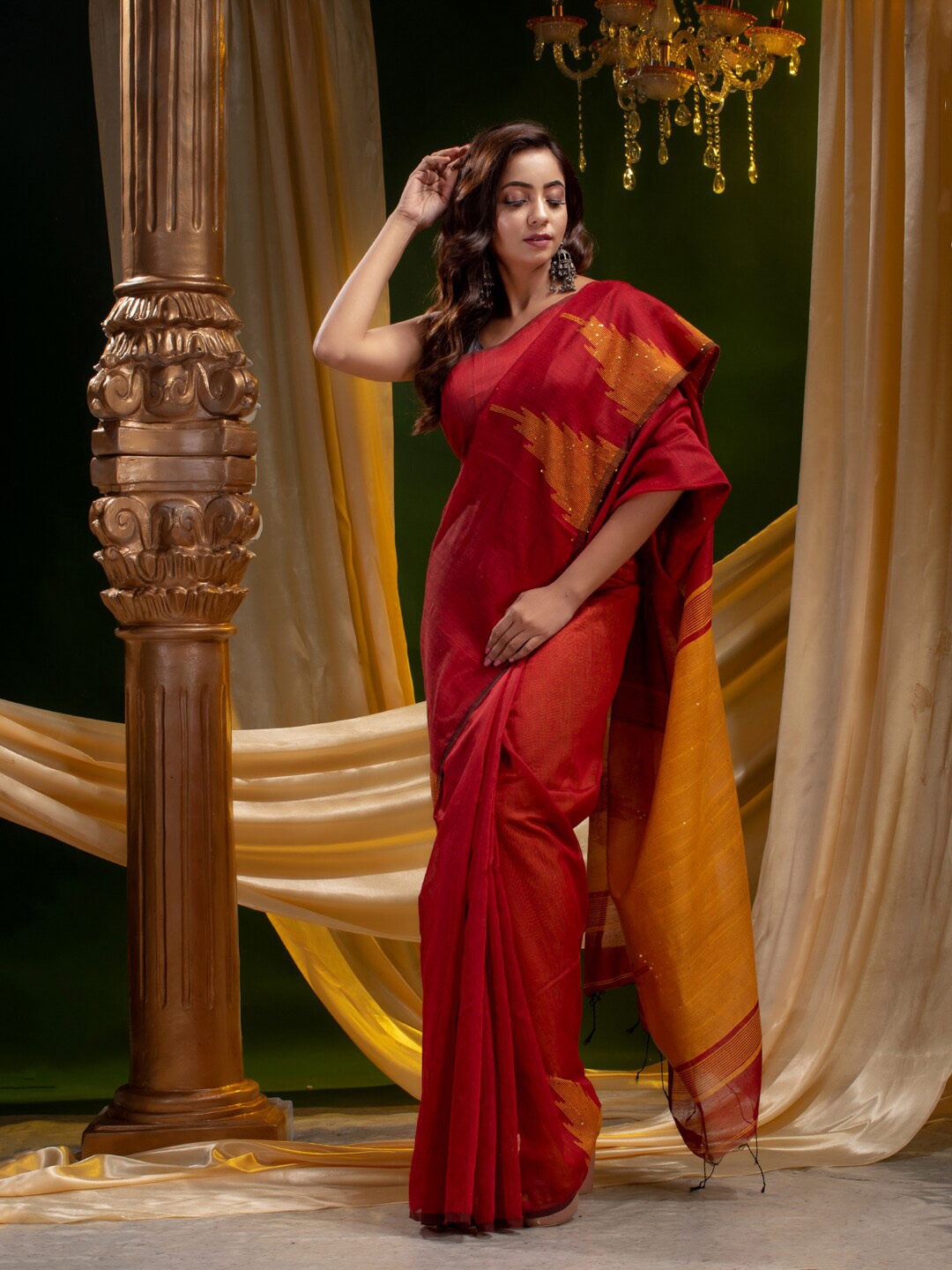 

Mitera Red & Orange Woven Design Silk Cotton Saree