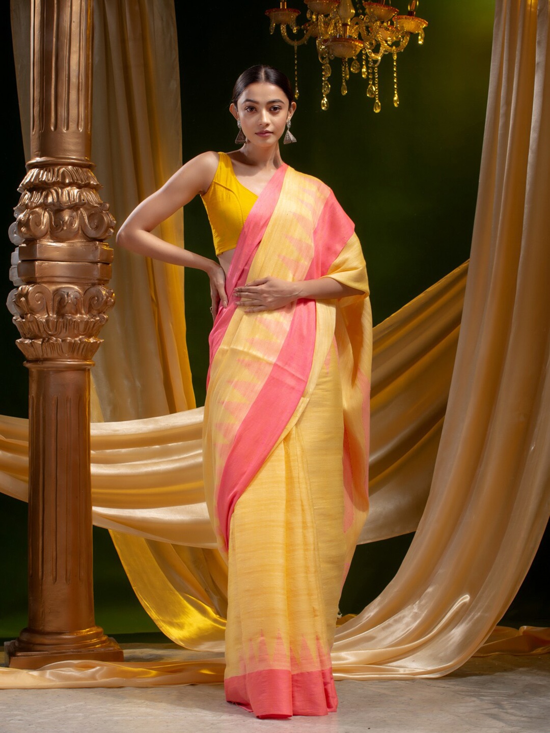 

Mitera Yellow & Pink Striped Pure Linen Saree