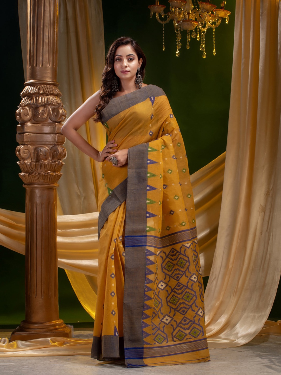 

Mitera Mustard & Blue Pure Cotton Heavy Work Saree