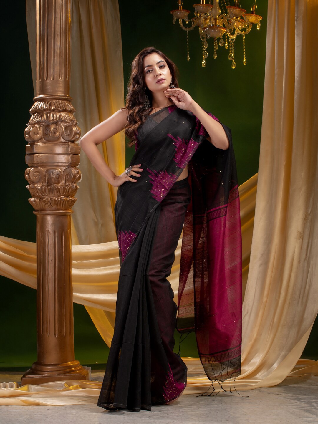 

Mitera Women Black & Purple Sequinned Silk Cotton Saree