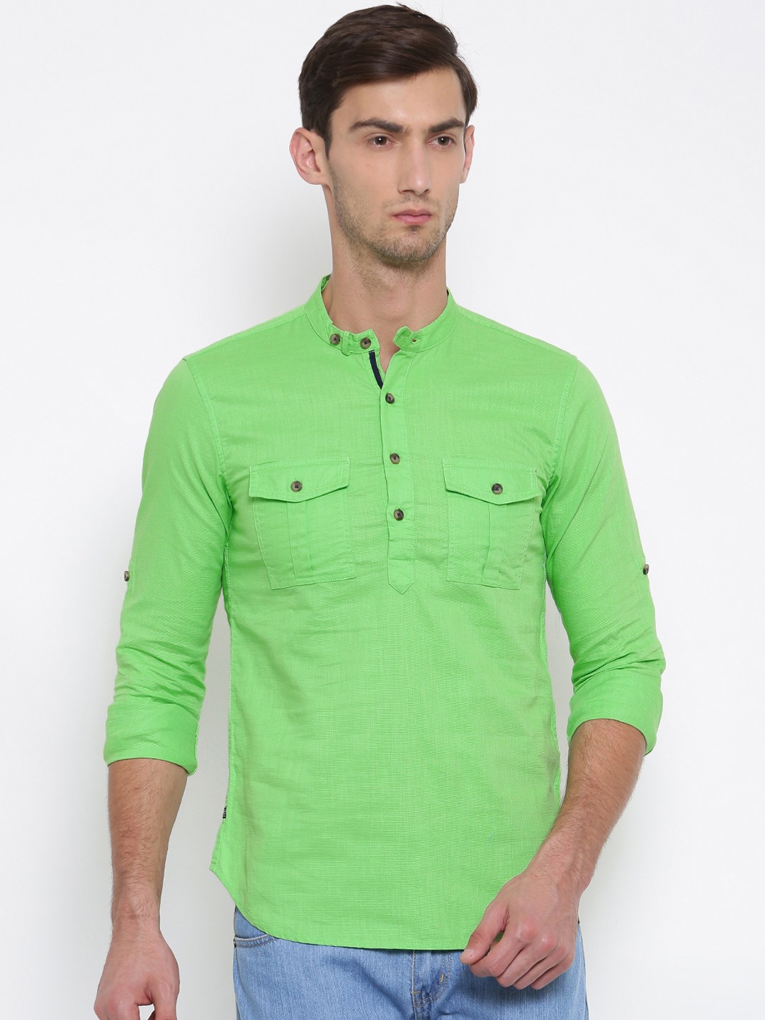 

The Indian Garage Co Men Green Solid Straight Kurta