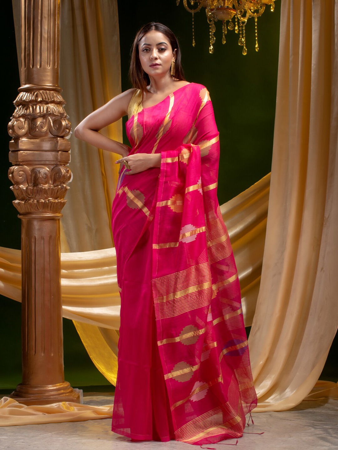 

Mitera Women Pink & Gold-Toned Woven Design Zari Silk Cotton Saree