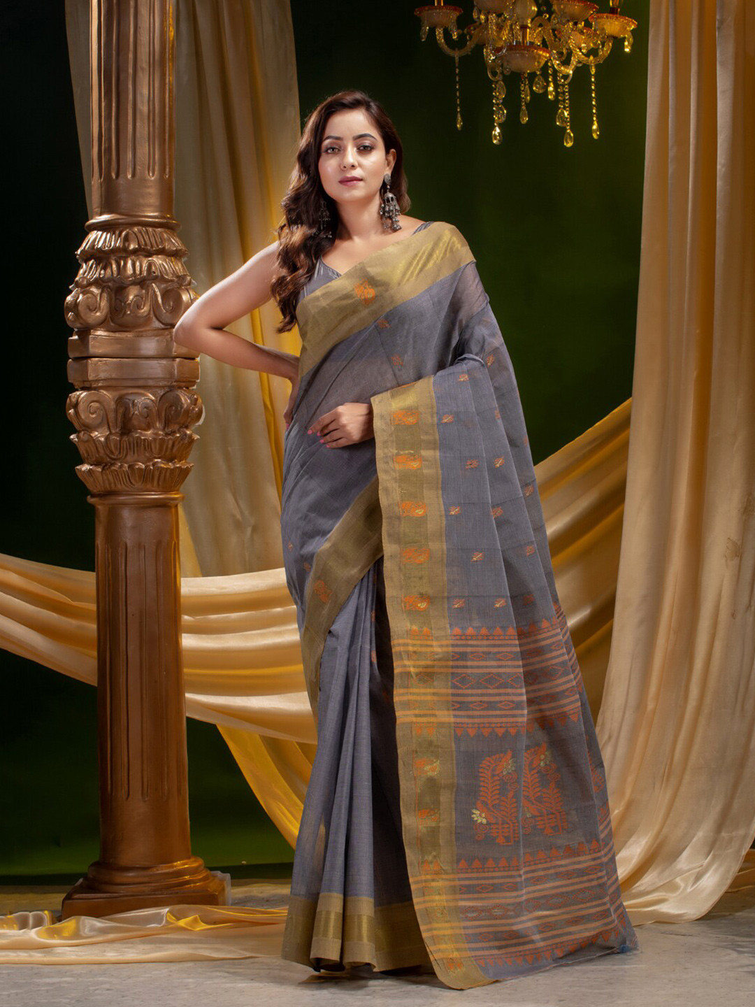 

Mitera Grey & Orange Ethnic Motifs Zari Pure Cotton Saree