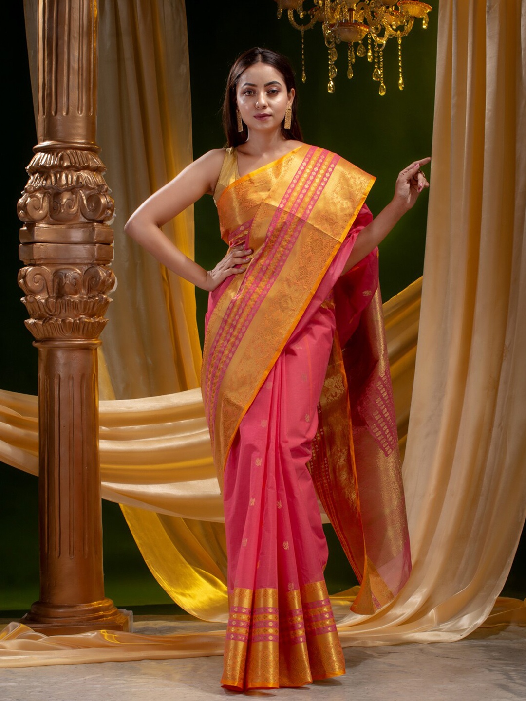 

Mitera Peach-Coloured & Yellow Woven Design Zari Pure Cotton Saree